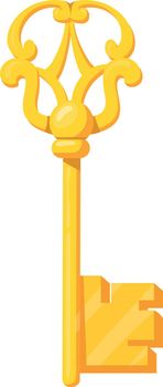 Golden fairytale key. Secret treasure cartoon symbol