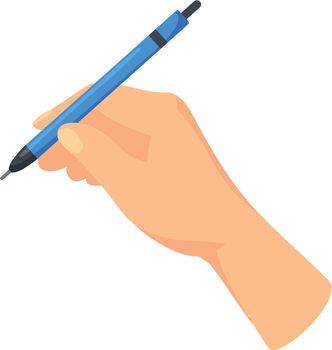Hand writes in blue pen. Writing paper note or signing document, cartoon vector illustration