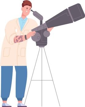 Man looking in telescope. Astronomy research. Scientist character