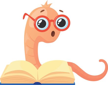 Mascot bookworm. Surprised earthworm in eyeglasses, cartoon animal reading, vector
