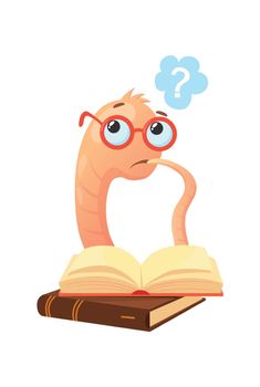Smart bookworm. Cartoon book worm in glasses read with question, vector