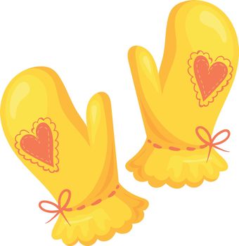 Cartoon mitten pair. Yellow wool gloves with hearts