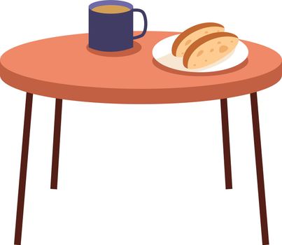 Coffee cup and bread slice plate on wooden table