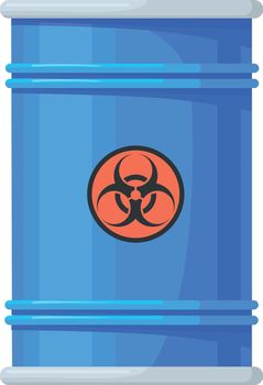 Blue drum barrel with biohazard sign. Toxic chemical waste