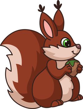 Cute squirrel. Cartoon bun with Walnut in Paves