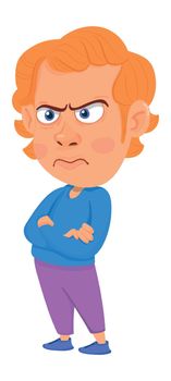 Angry man crossed arms. Red hair cartoon character.