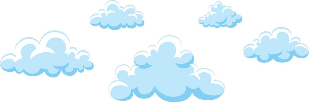 Cloud group. Cloudscape in fluffy cartoon style. Cute sky