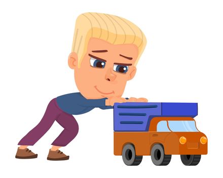 Kid playing with car. Toy truck boy game