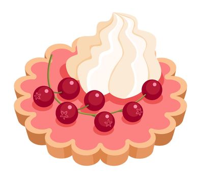 Tartlet with cream and red berries. Cartoon currant biscuit