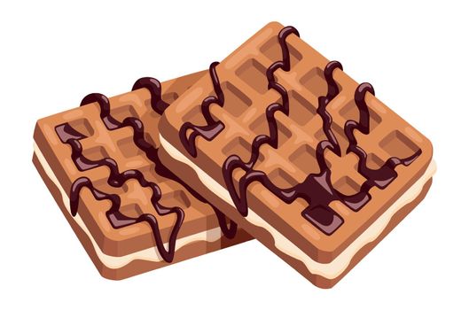 cartoon belgian waffles. Cream wafer with chocolate topping