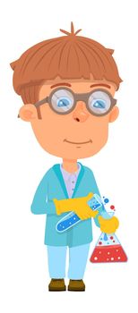 Scientist kid. Cartoon boy with flasks. Chemistry experiment
