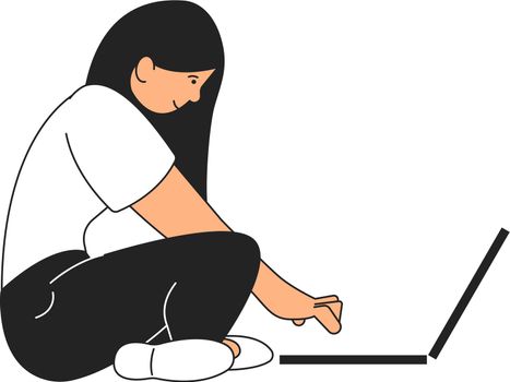 Young woman sitting on floor with laptop. Girl working on computer