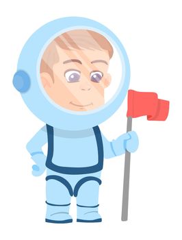 Cartoon astronaut. Spaceman with red flag. Cute character