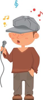 Man singing karaoke. Cartoon character singer with microphone