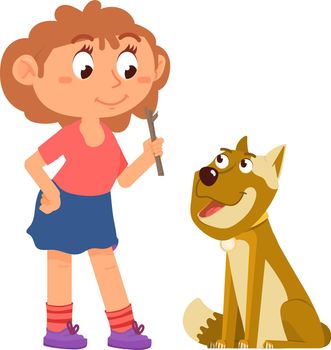 Dog training. Girl playing with puppy. Cute cartoon characters