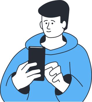 Young man chatting in social media. Guy holding phone