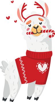 Cute llama with christmas candy cane. Cartoon alpaca in hearts