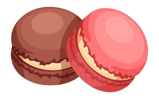 Macarons in cartoon style. Pink and chocolate french almond dessert