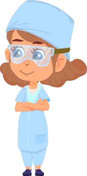 Girl in safety goggles. Scientist kid in plastic glasses