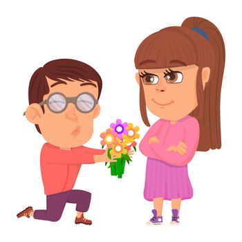 Guy proposing to girl with bouquet. Cute cartoon couple