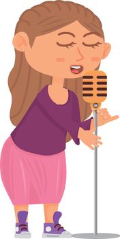 Young woman singing in mic. Cartoon karaoke singer