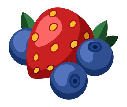 Cartoon berries. Strawberry and blueberry with leaves. Vector illustration