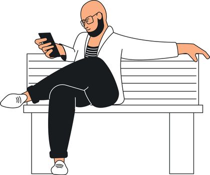 Bearded man sitting on bench. Guy using smartphone. Chatting person