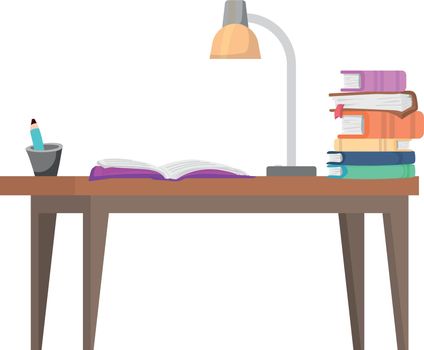 Study desk icon. Table with lamp and books in cartoon style