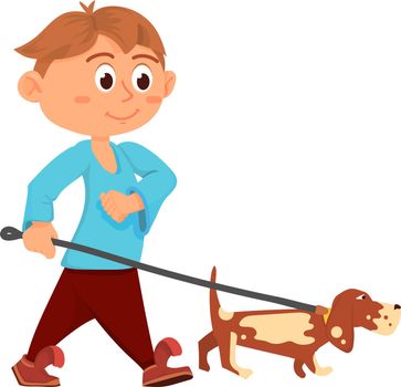 Boy walking with dog. Pet on leash. Cartoon characters