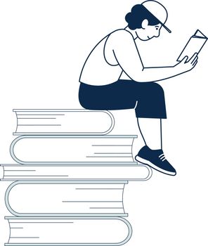 Guy sitting on giant book stack and reading. Literature lover icon