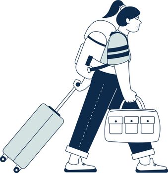 Girl walking with travel bags. Person going on vacation