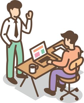 Man talking to colleague sitting at desk. Team communication icon