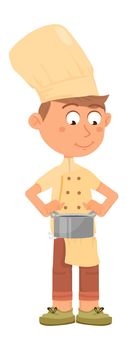 Chef kid holding cooking pot. Cute cartoon boy character