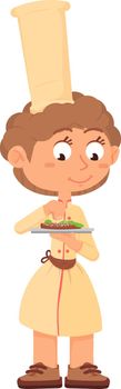 Chef kid seasoning food. Girl holding dish on serving plate
