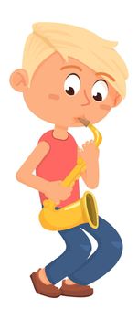 Cartoon boy playing saxophone. Music practice illustration