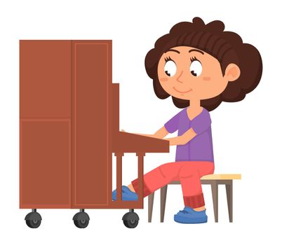 Girl playing on piano. Music school student in cartoon style