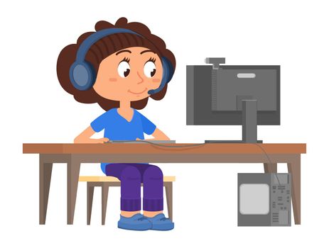 Girl in headset sitting at desk. Cartoon character working on computer
