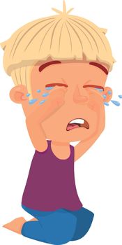 Crying kid. Cute blond boy weeping. Cartoon character