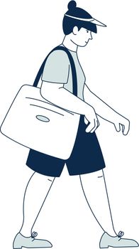Woman walking with travel bag. Person in summer clothes