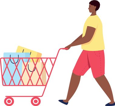 Man shopping full cart of purchases. Big sale discount concept
