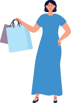 Woman holding shopping bags with purchases. Buyer icon