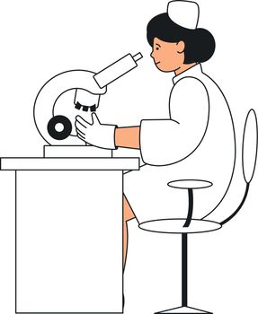 Woman looking in microscope. Medical laboratory worker in coat