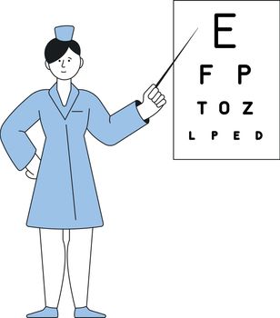 Female doctor with eye chart table. Vision test icon