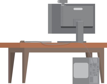 Computer desk with monitor. Wooden office table in cartoon style