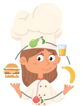 Healthy child nutrition. Chef kid mascot with food