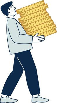 Man carrying golden coin stack. Person with money