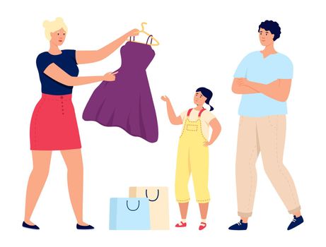 Family buying clothes. Mother choosing dress for girl. Vector illustration