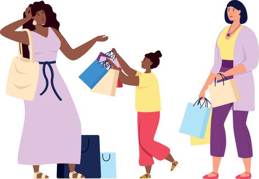 Women with bunch of shopping bags. Shopaholic concept