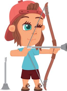 Boy with bow and arrow. Cartoon kid archer. Child sport