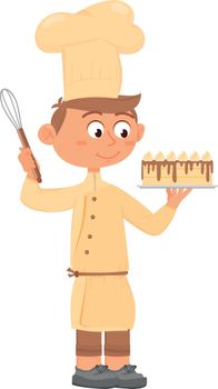 Boy chef holding cake. Kid baking sweet dessert